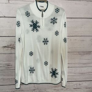 Old Ranch Sweater‎ Womens Large 1/3 Zip White Snowflake Mock Neck Knit Pullover
